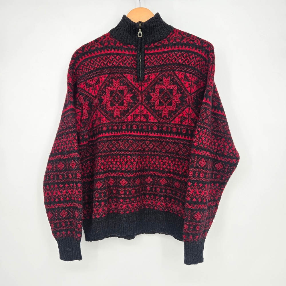 Vtg 100% Wool Pendleton Sweater Mens L Red/Black Fair Isle Pattern 90s/Y2K